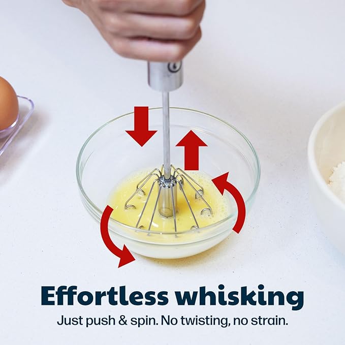 14 Inch Stainless Steel Egg Beater - Durable & Easy to Use Push-Down Zip Whisker - Rotary Hand Mixer for Beating Eggs, Frothing Milk, Blending, Mixing, Whipping Smoothies & Shakes - Hand Whisk