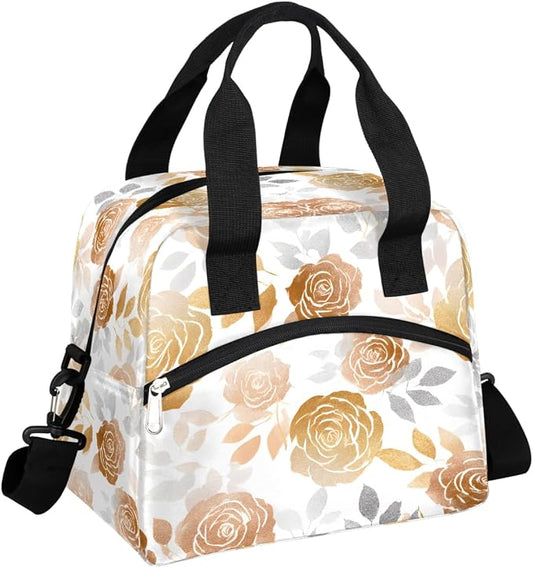 Pardick Golden Rose Flower Insulated Lunch Bag for Women Leakproof Lunch Box Large Cooler Thermal Tote Bag with Shoulder Strap Meal Prep Bags for Work School Office Picnic Teen Girls Adult