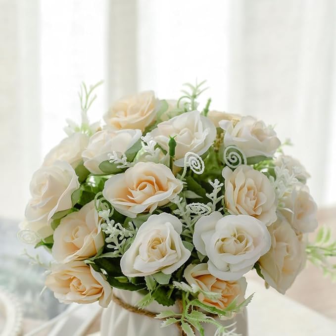 TKAS Fake Flowers Arrangement in Ceramic Vase, Artificial Faux Silk Roses, Small Realistic Dried-Style Floral, Dining Table Centerpiece for Wedding Party Home Decoration (Champagne White)