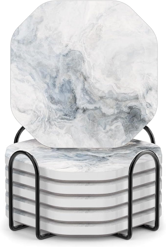 UMIRRO Ceramic Stone Coasters for Drinks Absorbent with Holder for Wooden Coffee Table, Stoneware Cup Coasters for Iced Cold or Hot Drinks, White Marble Style, Gold, 4" Set of 6