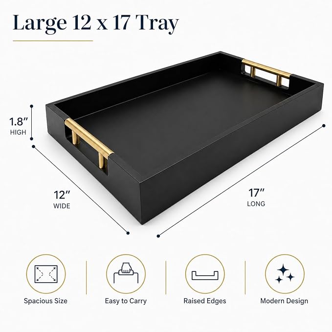 Luxury Black Ottoman Tray with Gold Handles – 12x17 Large Decorative Serving Tray for Coffee Table, Couch, Breakfast in Bed & Home Décor – Modern Wood Display Tray