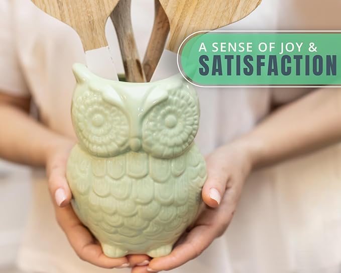 Comfify Owl Utensil Holder Decorative Ceramic Cookware Crock & Organizer, in Lovely Green Color - Utensil Caddy and Perfect Kitchen Ceramic Decor Gift - 5” x 7” x 4” Size