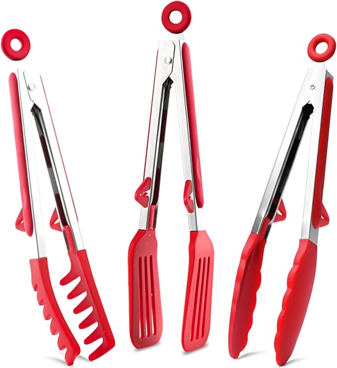 Kitchen Tongs, 9 Inch Tongs for Cooking with Silicone Tips, Food Grade Mini Serving Tong for Nonstick Pans, BBQ, Salad, Set of 3, Red