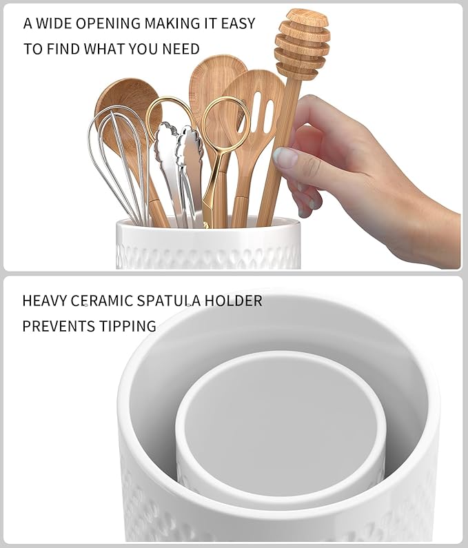 Ceramic Utensil Caddy, Large Spatula Holder, 6.8 inch Cooking Utensil Holder for Kitchen Counter, Farmhouse Kitchen Decor for Silverware Spoon Crocks 2PCK