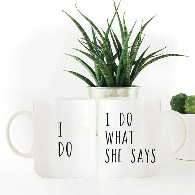 Andaz Press Funny Couples 11 oz Ceramic Coffee Mugs, I Do, I Do What She Says, His and Hers Coffee Mug Set of 2, Valentines Couples Mugs for Him and Her, Mr and Mrs Mugs, Couple Mugs for Husband