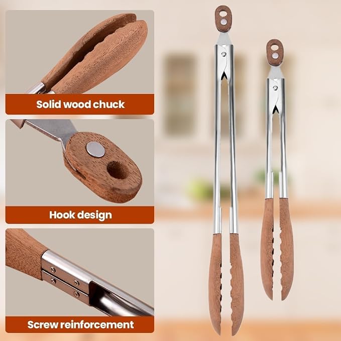 Walnut Wooden Kitchen Cooking Tongs with Hanging Hole and Wooden Tips, Heat Resistant, Anti-Slip, for Serving Food, Grilling, Cooking, BBQ and Tossing Salad, Stainless Steel, 12 Inch