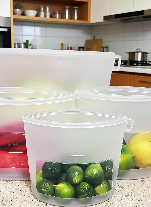 Reusable Silicone Food Storage Bags (Set of 4), Dishwasher Oven Microwave Freezer Safe, Eco-Friendly Leakproof Sous Vide Bags, Premium Lunch Containers, 1 Snack 2 Sandwich 1 Half Gallon, Clear