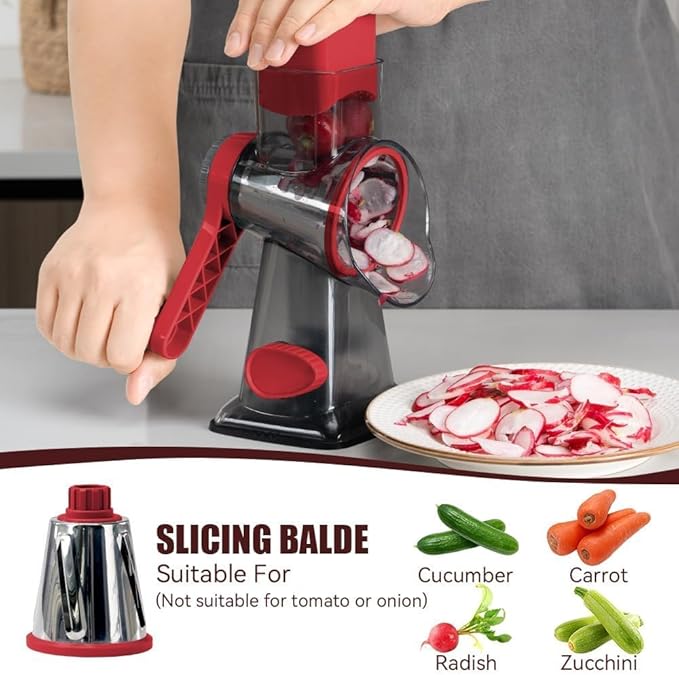 KEOUKE Rotary Cheese Grater Pro 6 in 1 - Shredder Crinkle Slicer Grinder Ice Shaver, Stable Suction, Time-saving Easy Use & Clean, Safe Morden Kitchen Tool for Cheese, Vegetable, Nuts, Chocolate