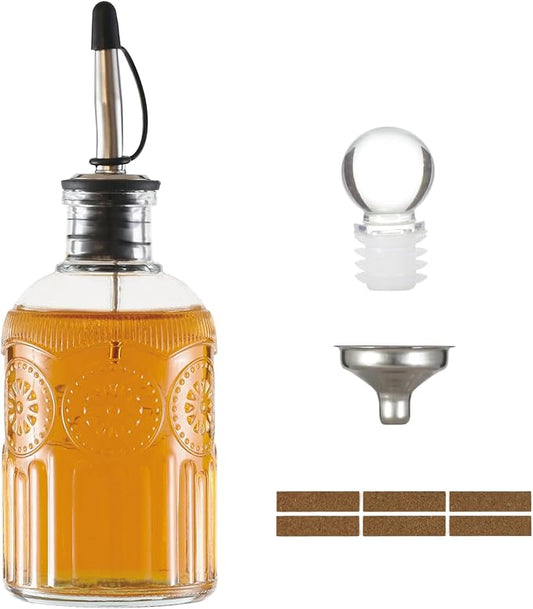 Retro Glass Syrup Dispenser Bottle 7oz, Oil and Vinegar Cruet with Stainless Steel Pour Spout, Labels, Funnel & Stopper(Sunflower)