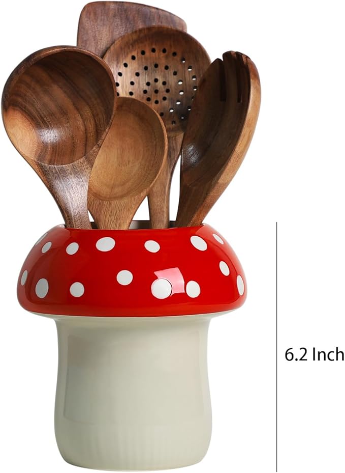 Mushroom Shaped Ceramic Kitchen Utensil Holder, Large Cooking Utensil Crocks for Kitchen Countertop, Ceramic Utensil Organizer for Spatula, Kitchen, Home Decoration-Red