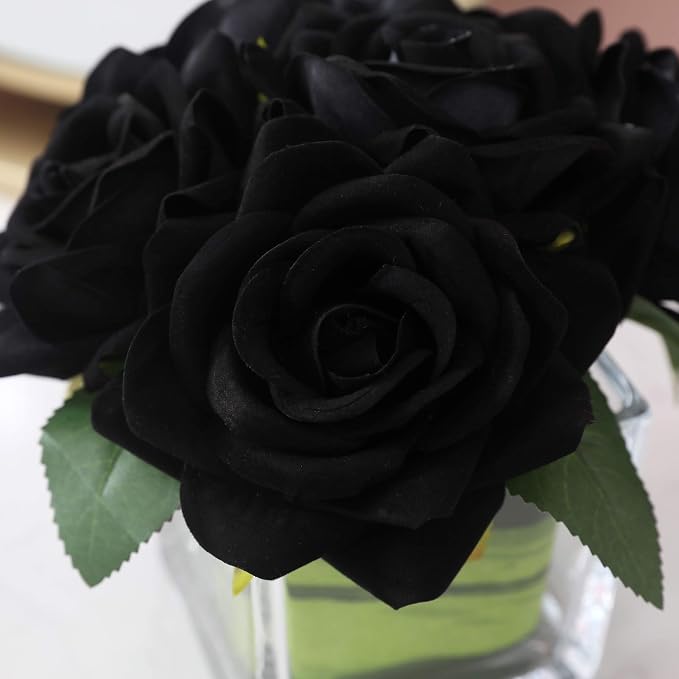Fule Artificial Velvet Rose Flower Centerpiece Arrangement in vase for Home Wedding Decoration (Black)