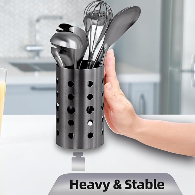 QRU Kitchen Utensil Holder for Countertop (H6.7” x W4.1”), Stainless Steel Cooking Utensil Caddy for Tools, Spatulas, Spoons, Silverware & More, Cooking Utensil Organizer, Kitchen Decor (Black)