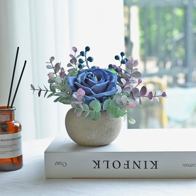 Small Artificial Blue Rose Potted Plant, 6" Fake Silk Flowers in 3.5" Round Pot, Mini Faux Floral Arrangement for Desk Shelf Bathroom Decor