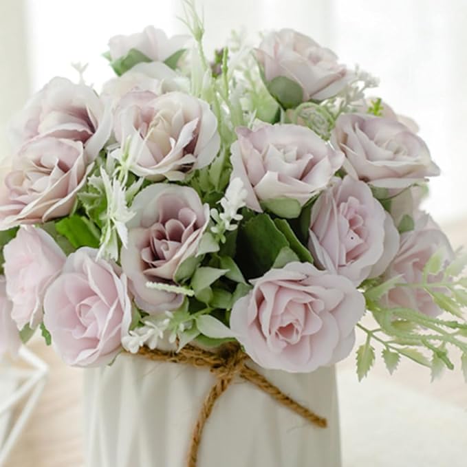 TKAS Fake Flowers Arrangement in Ceramic Vase, Artificial Faux Silk Roses, Small Realistic Dried-Style Floral, Dining Table Centerpiece for Wedding Party Home Decoration (Purple)
