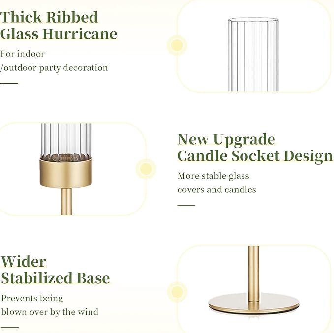 Glasseam Tapered Gold Candlestick Holders: 6 Pcs Tall Brass Taper Candle Holder with Ribbed Glass Cylinder - Hurricane Fluted Candle Holders for Table Centerpiece Wedding Party Christmas Decorations