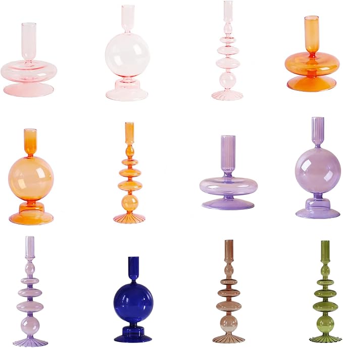 Glass Candlestick Holders Simple Creative Glass Vase Candle Holder Colorful Glass Pillar Candle Stand Candlestick Wavy Elegant Glass Candlestick for Home Centerpiece (Purple H)