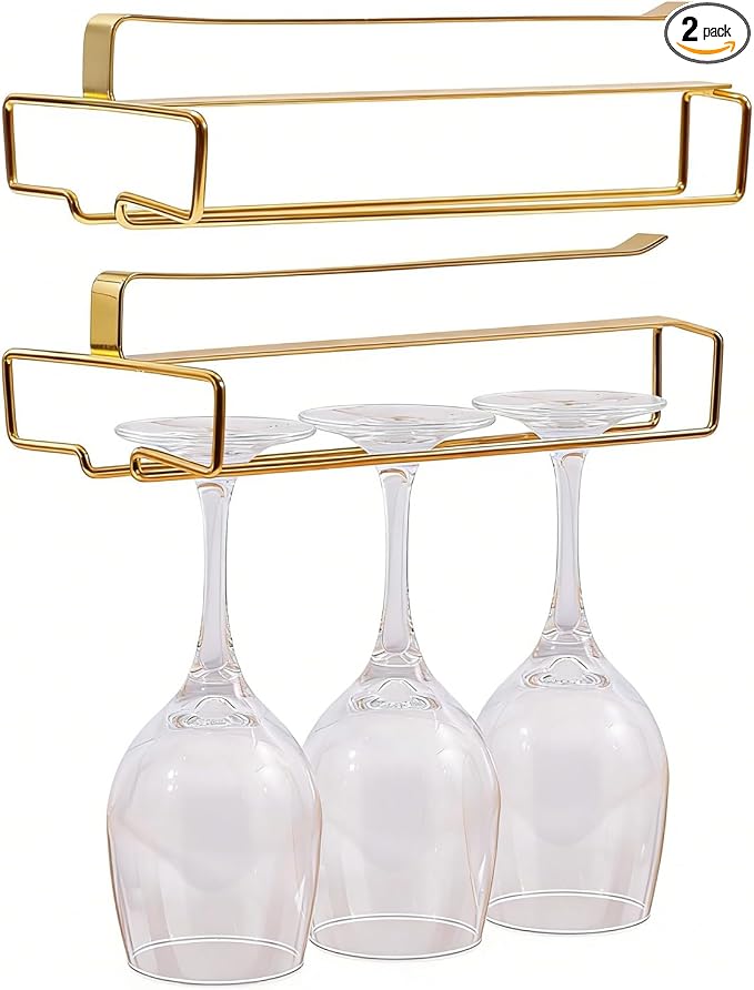 GLOBLELAND 2 Pack Under Cabinet Wine Glass Holder Under Shelf Gold Wine Glass Rack Stemware Rack Hanging Stemware Holder Metal Organizer Storage Hanger for Bar Kitchen