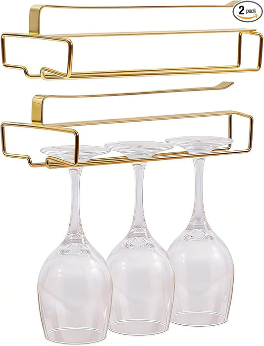 GLOBLELAND 2 Pack Under Cabinet Wine Glass Holder Under Shelf Gold Wine Glass Rack Stemware Rack Hanging Stemware Holder Metal Organizer Storage Hanger for Bar Kitchen