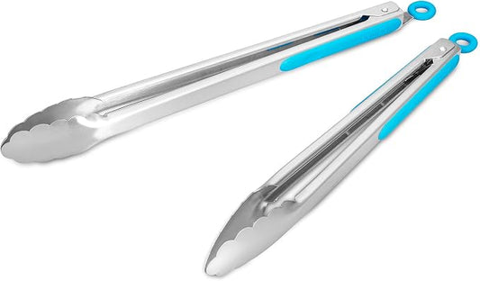 ALLWIN-HOUSEWARE W 304 Stainless Steel Kitchen Cooking Tongs, 12" and 14" Set of 2 Sturdy Grilling Barbeque Brushed Locking Food Tongs with Ergonomic Grip, Blue