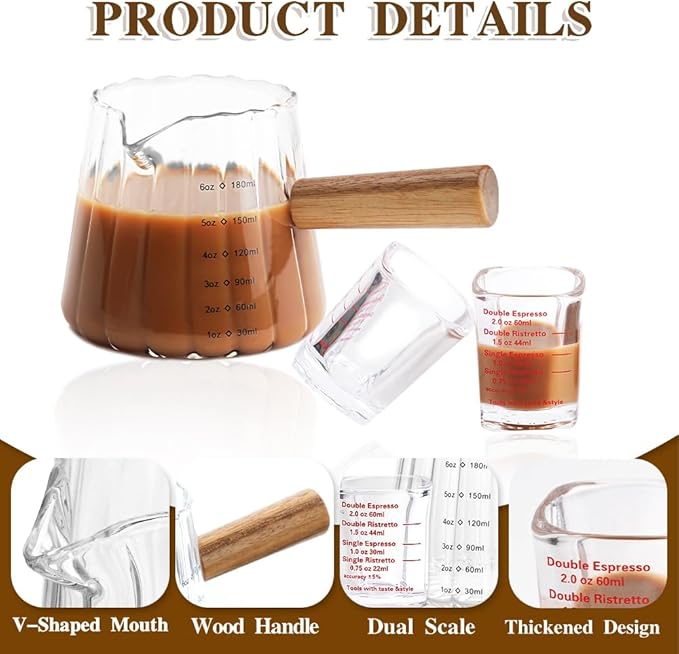 3 Pcs Espresso Shot Glass with 15ml Coffee Measuring Spoon, Single Spout Glass Measuring Cup with Wood Handle, Espresso Shot Cups with Dual Scale for Coffee Milk (6.0oz, 2oz)