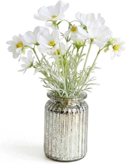 13.5" White Daisy Artificial Flowers in Fluted Glass Vase, Fake Flowers Arrangement with Vase, Centerpiece for Coffee Table Decor, Wedding Party, Bathroom Decor, Home Decor Indoor