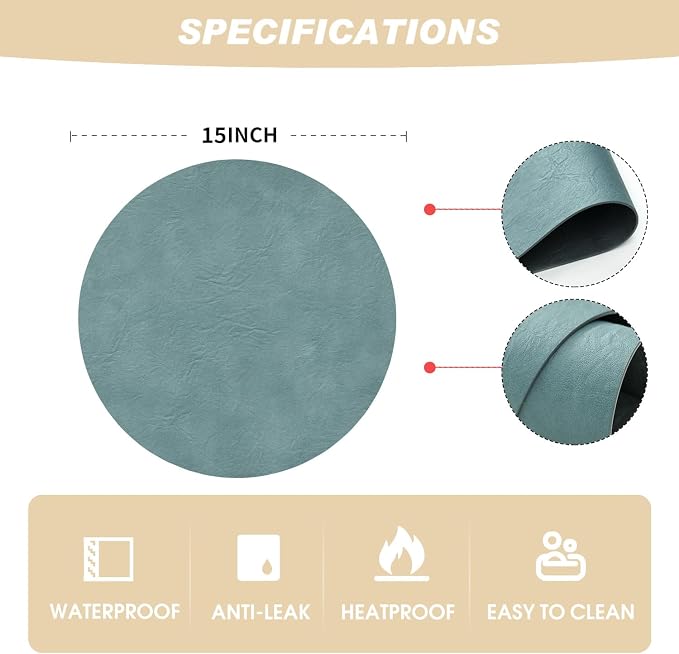 Artoid Mode Blue Faux Leather Placemats Set of 6, 15 Inch Waterproof Wipeable Heat Resistant Vinyl Place Mats, Reversible Table Mats for Winter Kitchen Dining Decor