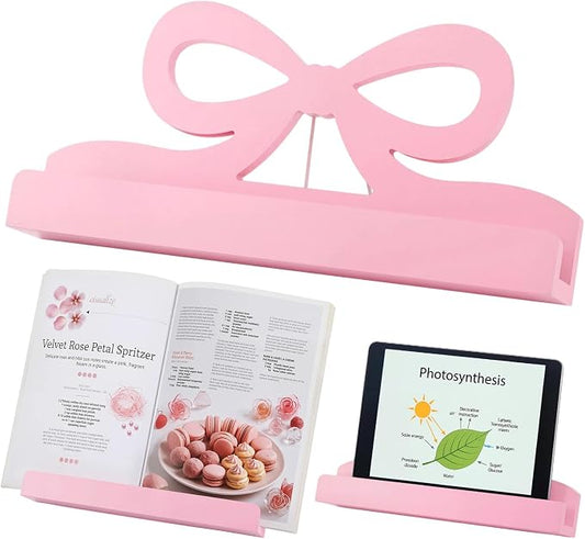 Hushee Pink Bow Cookbook Stand for Kitchen Counter Solid Wood Recipe Book Holder Coquettish Kitchen Decor Pink Countertop Book Holder Rack for Recipes Housewarming Gift, 18.7x8.7 Inch