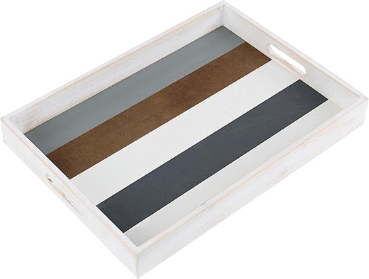 Creekview Home Emporium Wood Serving Tray - 16.5 x 12in Rustic Striped Serving Tray with Handles for Food or Decoration
