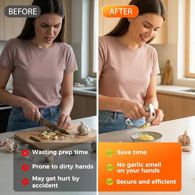 Kruggo Garlic Press Rocker, Stainless Steel Garlic Crusher, Mincer and Chopper with Peeler and Cleaning Brush, Comfortable Grip & Effortless Smashing, Essential Kitchen Tools (Crusher+Peeler- 2PCS)