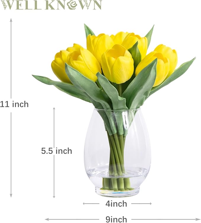WELL KNOWN 12 Pcs Fake PU Tulips Artificial Flowers in Vase with Faux Water, Spring Summer Yellow Flower Arrangement with Glass Vase for Home Wedding Party Decor Dining Table Centerpiece & Gift
