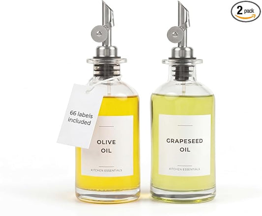 Spaceneat Olive Oil Dispenser Bottle - Includes 55 Kitchen Essential Labels - Cooking Oil Bottles for Kitchen, Coffee Syrup Dispenser - Pourer Spout with 11.8 fl oz Glass Container Cruet - 2pcs Silver