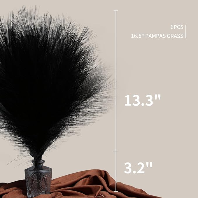 ZIFTY 6-Pcs 17" Black Pampas Grass Faux Pompas Fluffy Artificial Fake Flower Gothic Decorations for Black Bathroom Decor Vase Filler Ins Style Modern Home Decor Halloween (Black)