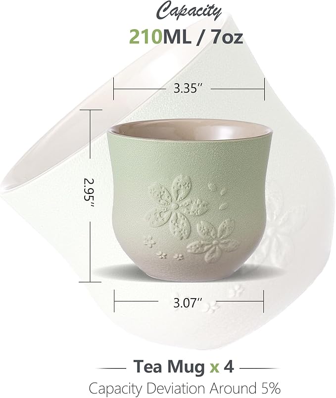 ZENS Japanese Tea Cups Set of 4 – 210ml Ceramic Tea Cups, Gradient Green Glaze, Embossed Design – Handleless Matcha & Gongfu Cups, Traditional Asian Style