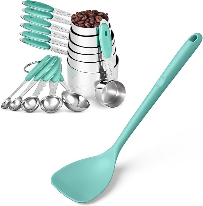 U-Taste 18/8 Stainless Steel Measuring Cups and Spoons Set of 12 and 600ºF Heat Resistant 13.76" Long, 3.63" Wide Wok Spatula for Kitchen Stir Fry (Aqua Sky)