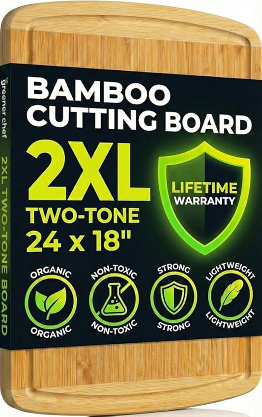 GREENER CHEF 24 Inch Bamboo Cutting Board with Lifetime Replacement - 2XL Extra Large Wooden Butcher Block for Kitchen, Stove Top, Meat, Vegetables, and Charcuterie with Deep Juice Grooves