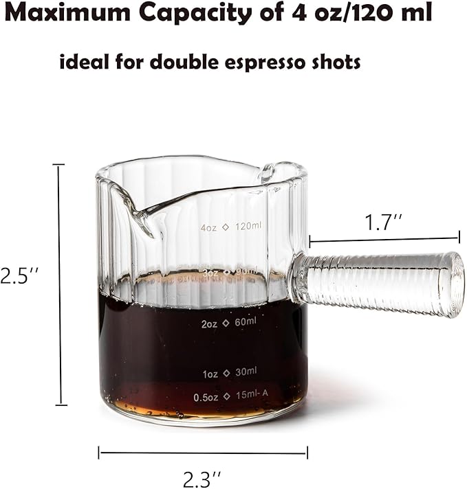 Glass Espresso Shot Measuring Cup Set, Clear, Double Spout Design with Glass Handle for Dishwasher Safe, 4 oz Capacity, 2 Pack, Coffee Bar Accessories (Clear)
