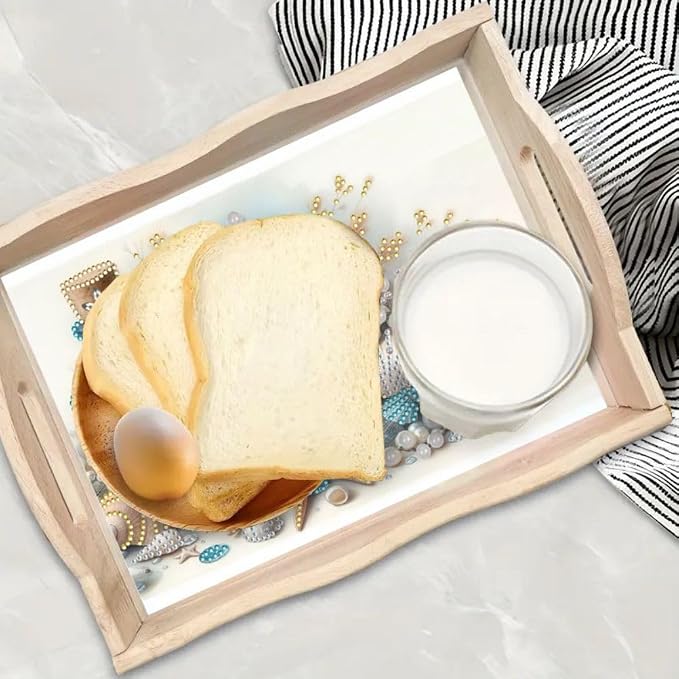 DIY Diamond Serving Tray Rectangular Breakfast Tray with Handle Handmade Diamond Art Painting Wooden Tray for Dinner Plate Coffee Room Living Home Organizer-Shell
