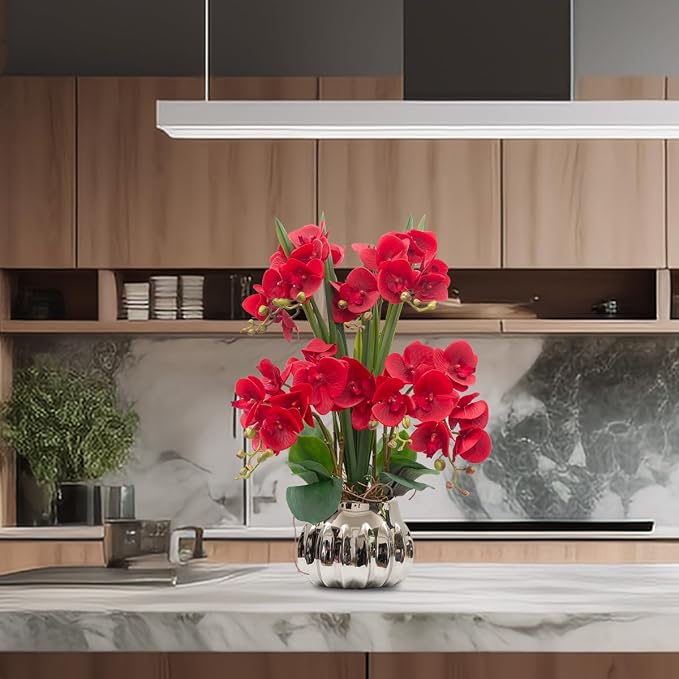CXGS Artificial Orchid Flower Real Touch Faux Orchids in Ceramic Vase Large 22.9'' Fake Flowers Red Phalaenopsis Floral for Home Indoor Decor