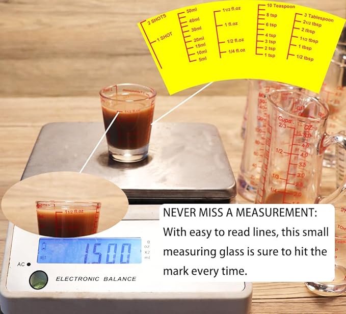 Ackers Mini Measure Heavy Glass, 32-Incremental Measurements Multi-Purpose Liquid and Dry Measuring Shot Glass, Red(Pack of 2)