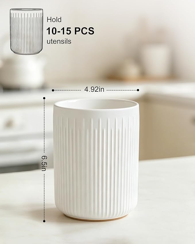 6.5" Utensil Holder, Ceramic Kitchen Utensil Holder for Countertop with Protection Cork Bottom, Stable Cooking Utensil Crock, Vintage Farmhouse kitchen Decor, White