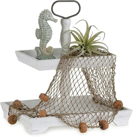 Hanobe 2 Tiered Decorative Tray Stand for Coastal Beach Coffee Table Decor | Rectangle Farmhouse Wood Display for Kitchen Counter, White