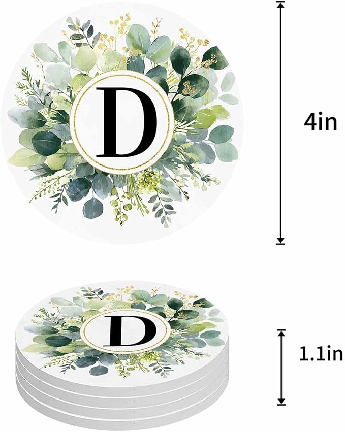 Coasters Set of 4 Letter D Drink Coasters with Holder Absorbent Stone Ceramic Cup Mat Alphabet Green Eucalyptus Leaves Coaster for Drinks Coffee Bar Office Kitchen Cafe Home Decor