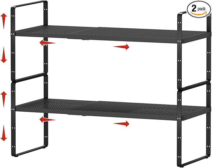 2Pack Expandable Cabinet Shelf Organizers, Stackable Metal Shelves Extender for Kitchen Countertop Storage, Adjustable Spices Shelves Rack Stand for Cupboard Pantry, Black