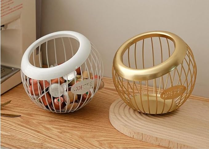 1PCS Coffee Pod Holder Iron Large Capacity K Cup Holder Espresso Coffee Capsule Storage Basket for Counter Coffee Bar Espresso Coffee Pod Organizer for Counter Fruit Bread Snacks Storage White
