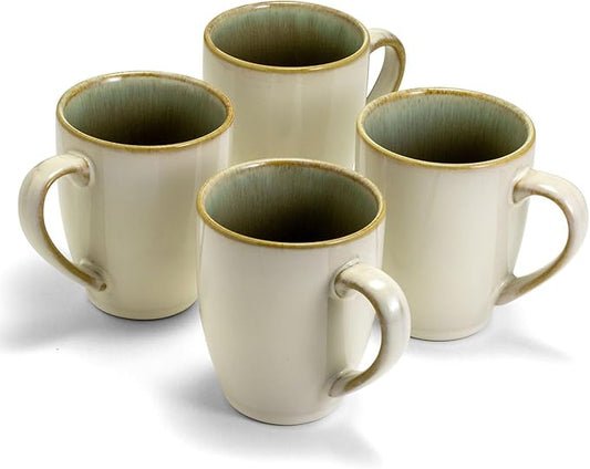 Sango Resona Moss Stoneware Heat Resistant Coffee Mugs, Microwave and Oven Safe, 12 oz, White, 4 Count