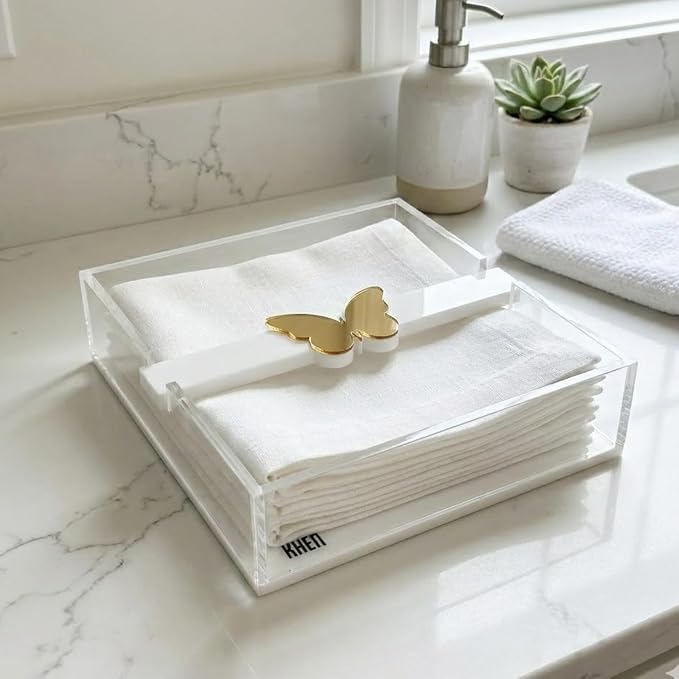 Butterfly Napkin Holder, Single Piece, Clear White Acrylic Square Paper Dispenser for Kitchen Countertop Dining Table Serving Tray, Modern Home Decor Organizer Gift Parties and Everyday Use