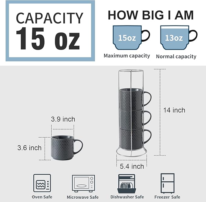 Hasense Coffee Mugs Set of 4 with Stand, 15 oz Porcelain Stackable Coffee Cups Set with handle for Tea, Latte, Milk and Cappuccino, Grey Embossed Tea Cups Set with Geometric Patterns for Men and Women