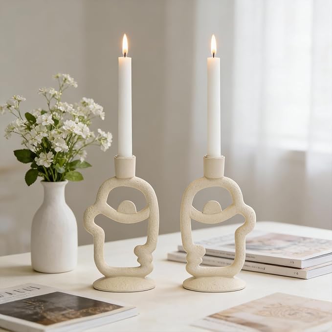 Face Decorative Taper Candle Holder - Modern Abstract Creative Face Candlestick Holder for Table Centerpiece, Beige Medium Candle Sticks Holder Decor for Home Dinning Party Birthday Housewarming Gifts