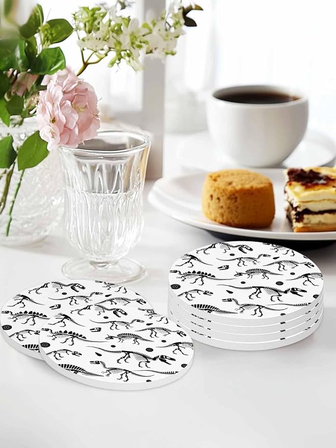 Coasters Set of 6 Dinosaur Fossils Drink Coasters with Holder Absorbent Stone Ceramic Cup Mat Black White Animal Coaster for Drinks Coffee Bar Office Kitchen Cafe Home Decor