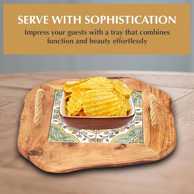 Kamsah Olive Wood Serving Tray with Handles (L:10”, W:10”) Decorative Square Serving Trays for Serving Food, Drinks, Tea, Coffee - Rustic Vintage Wooden Serving Tray for Table & Gifts - Arabesque